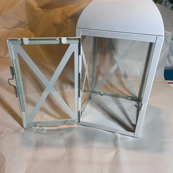 METAL and glass white lantern with handle indoor/outdoor 12” tall holiday decor. - Picture 9 of 9